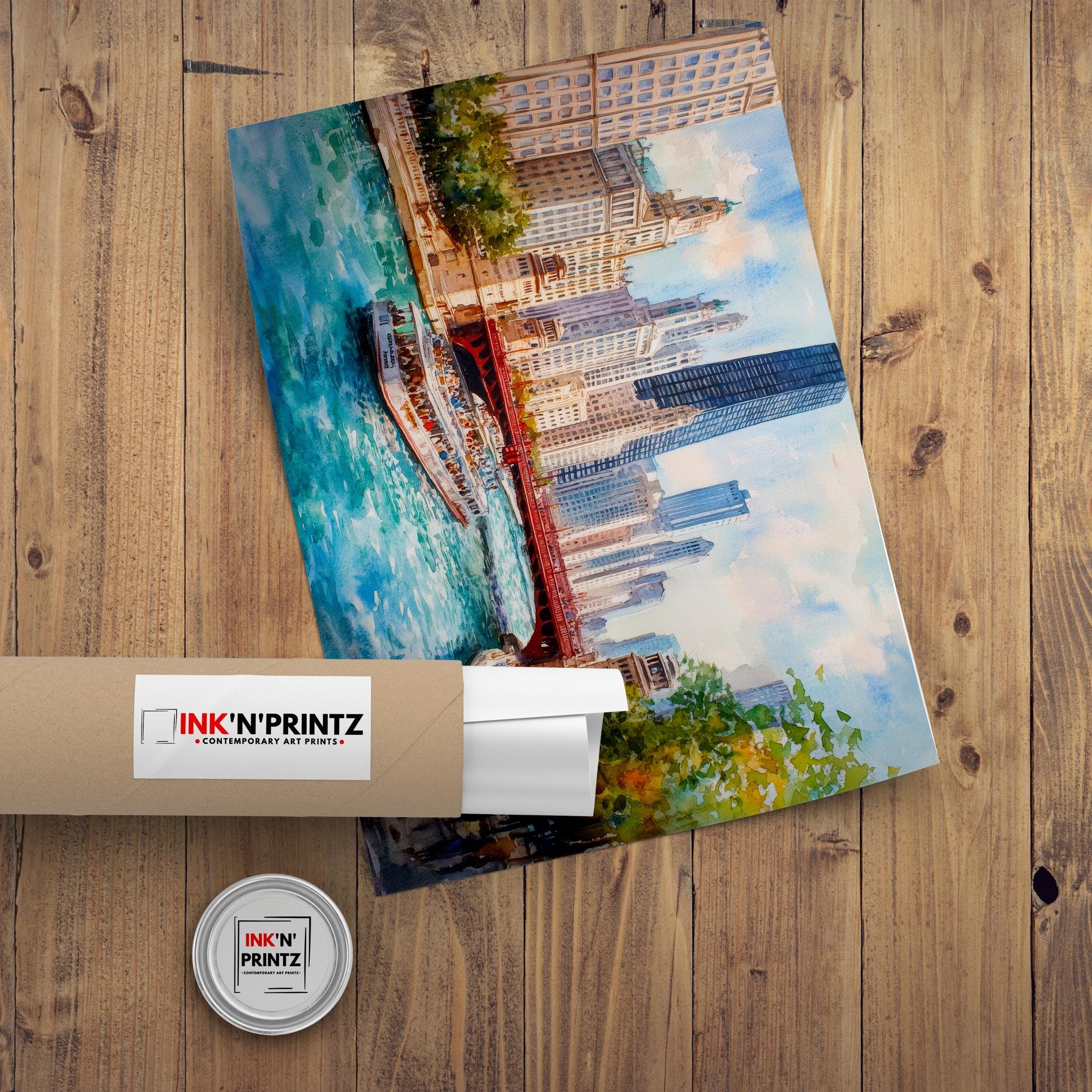 Chicago Watercolor Painting Poster USA Wall Art City Skyline Landscape Print Gift for American Travel Lovers and Fans of Scenic Illinois