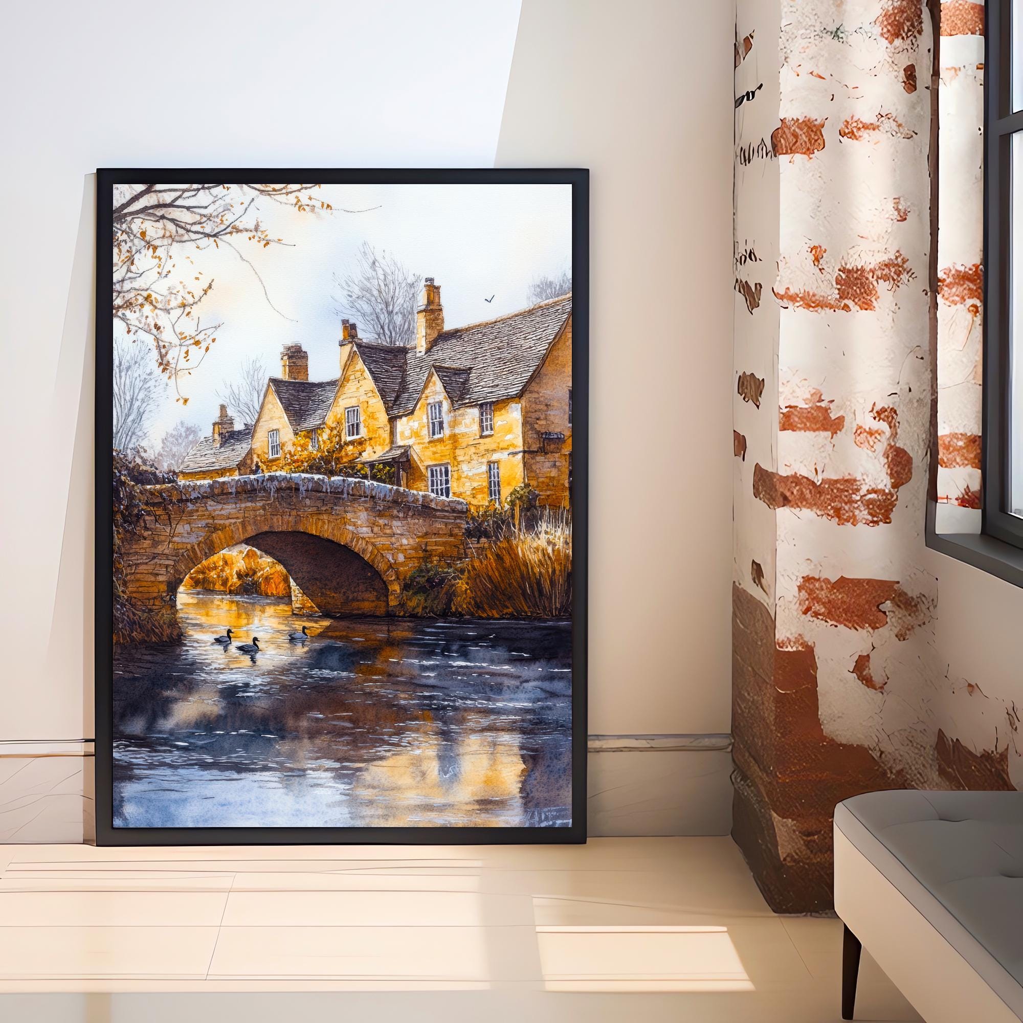 Bourton-on-the-Water Watercolour Art Print Cotswolds Village Poster River Windrush Landscape England Wall Decor Venice of the Cotswolds Gift