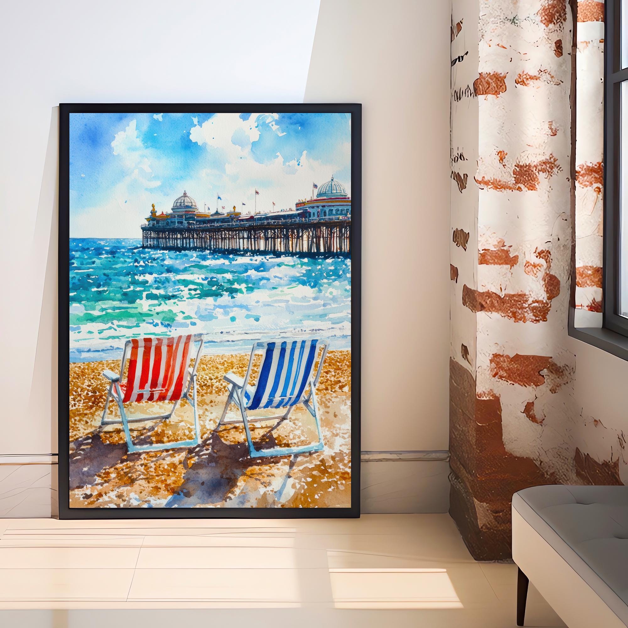 Brighton Palace Pier Watercolour Art Print Coastal Sussex Wall Decor English Seaside Landscape UK Travel Poster Bright Colours Beach Hut