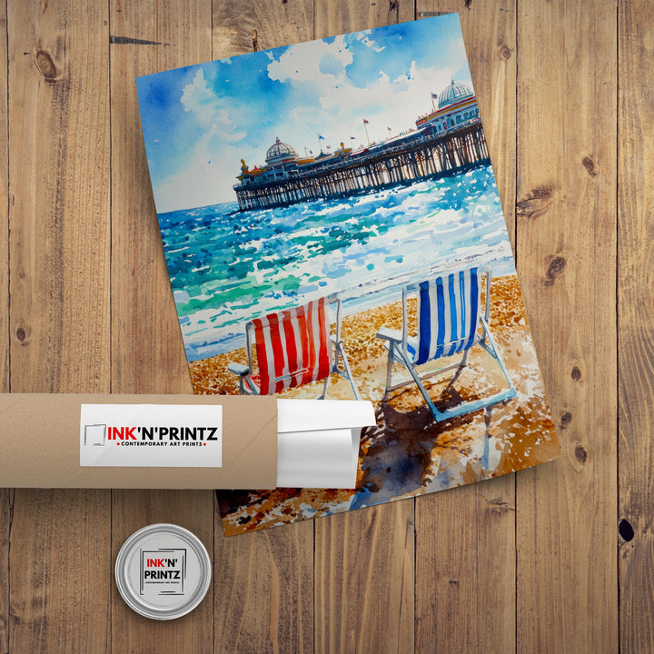 Brighton Palace Pier Watercolour Art Print Coastal Sussex Wall Decor English Seaside Landscape UK Travel Poster Bright Colours Beach Hut
