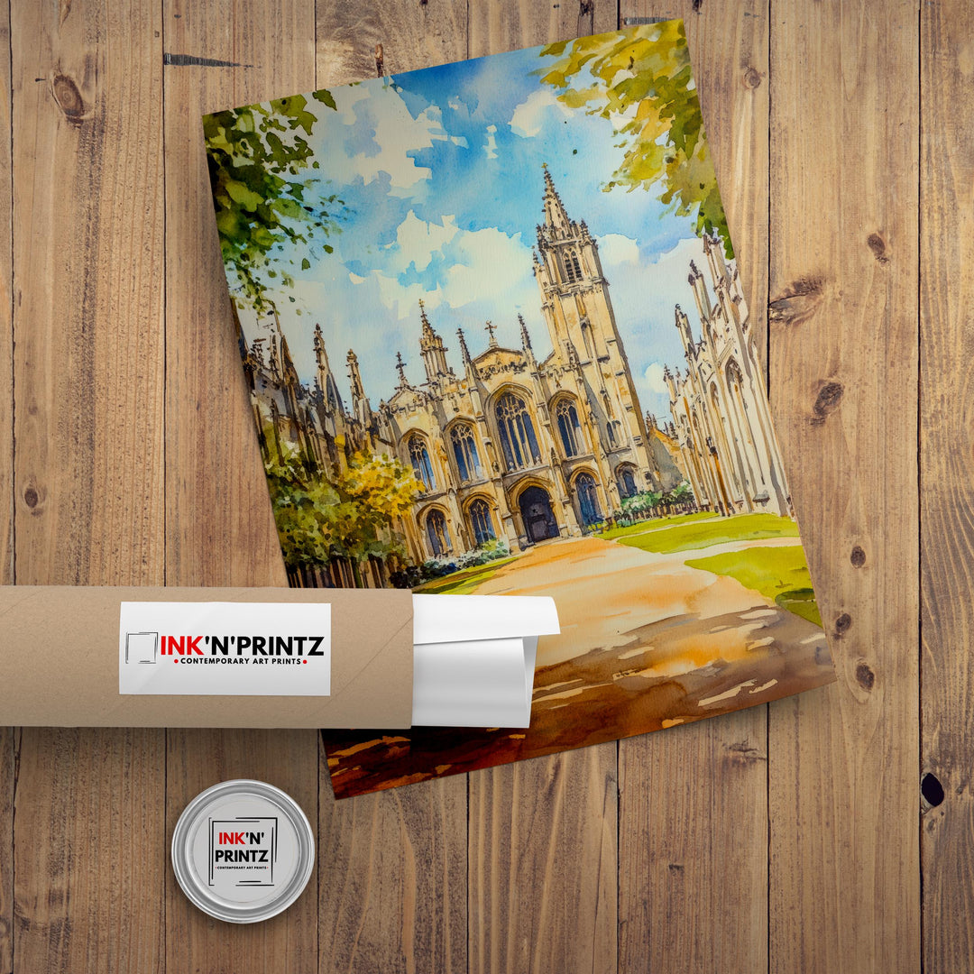 King's College Chapel Cambridge Watercolour Print UK Architecture Art Perpendicular Gothic Fan Vaulting University City College Wall Decor