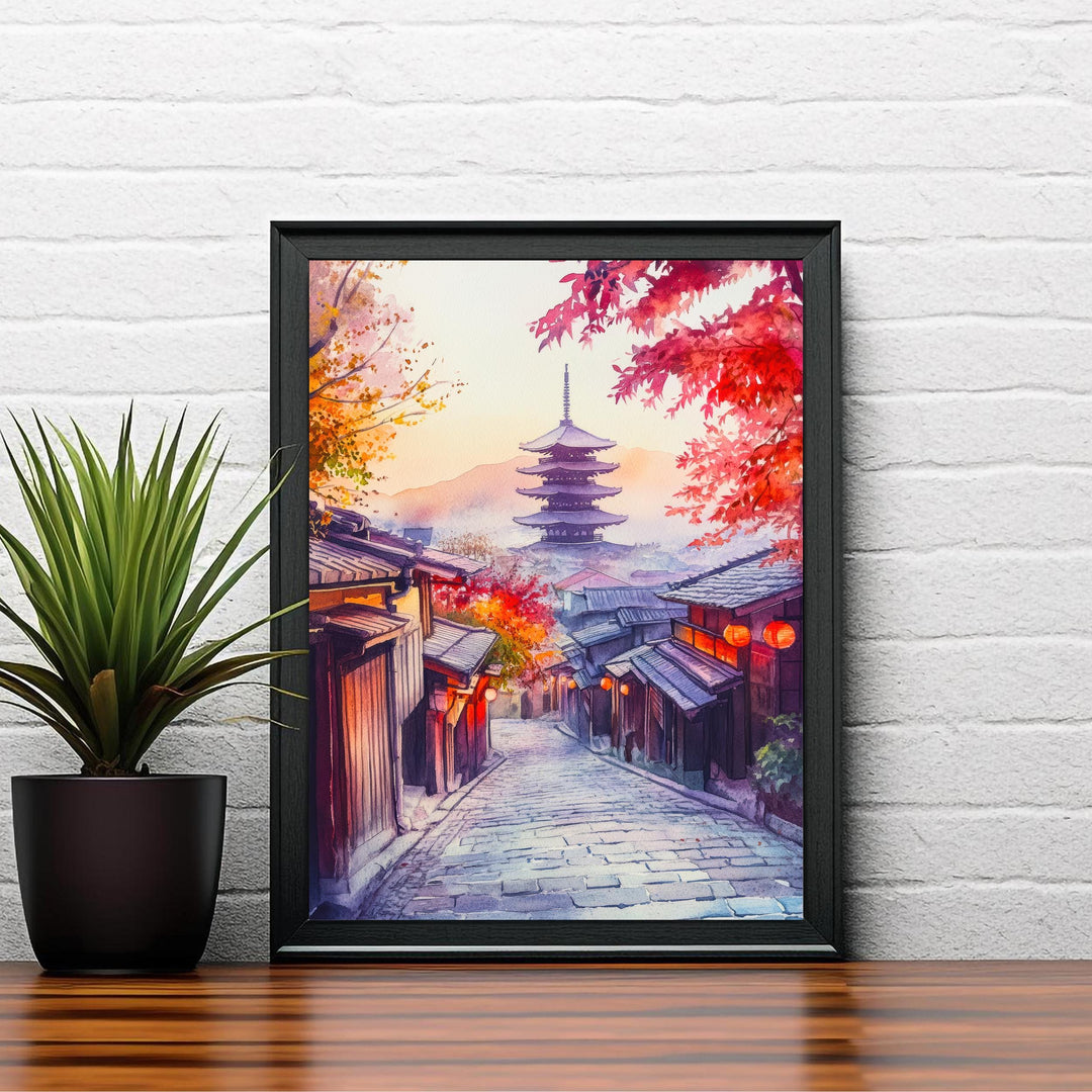 Kyoto Japan Watercolour Painting Poster Japanese Garden Art Cherry Blossom Sakura Temple Pagoda Geisha District Asia Travel Wall Decor