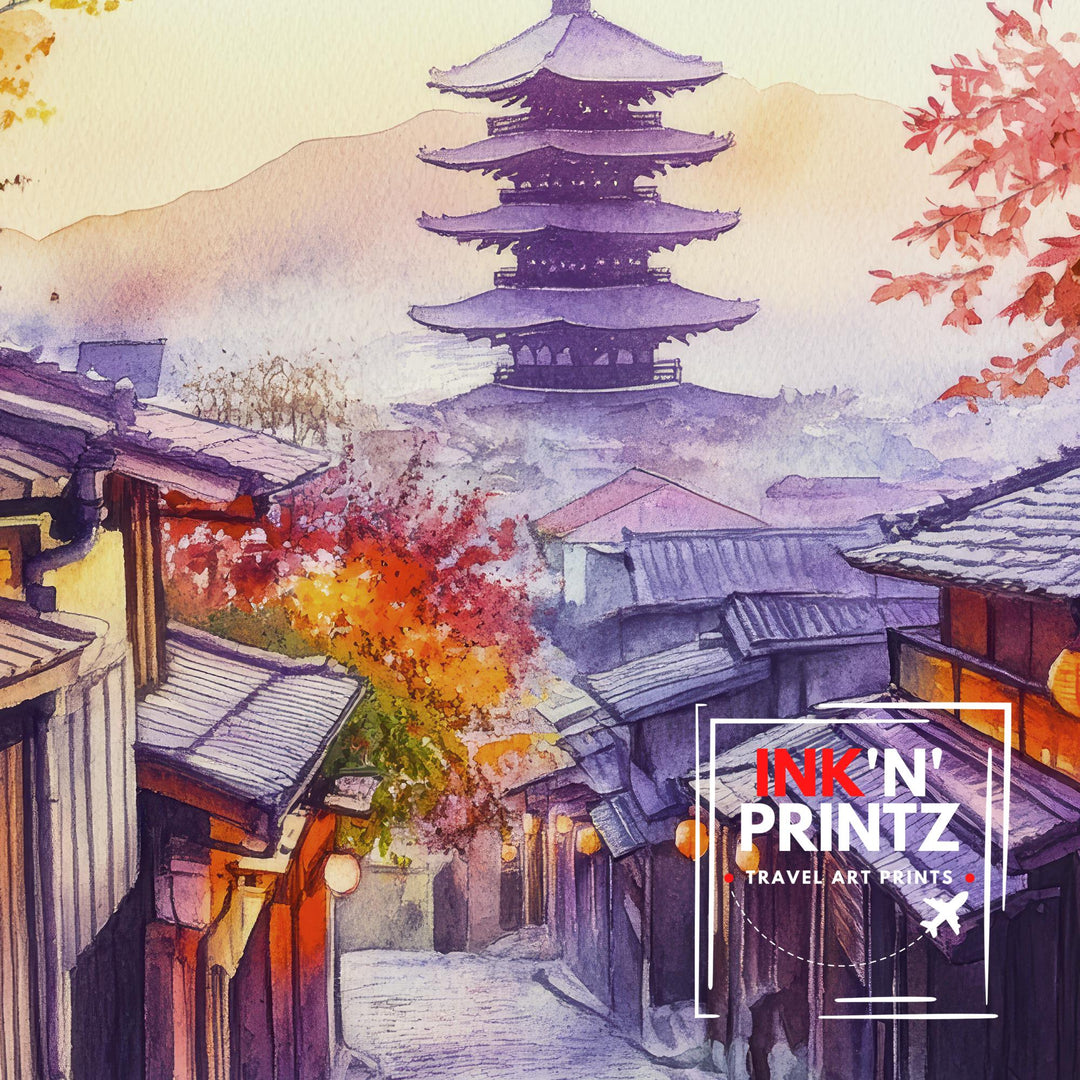 Kyoto Japan Watercolour Painting Poster Japanese Garden Art Cherry Blossom Sakura Temple Pagoda Geisha District Asia Travel Wall Decor
