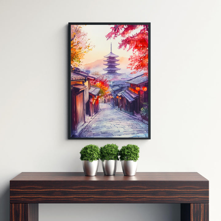 Kyoto Japan Watercolour Painting Poster Japanese Garden Art Cherry Blossom Sakura Temple Pagoda Geisha District Asia Travel Wall Decor