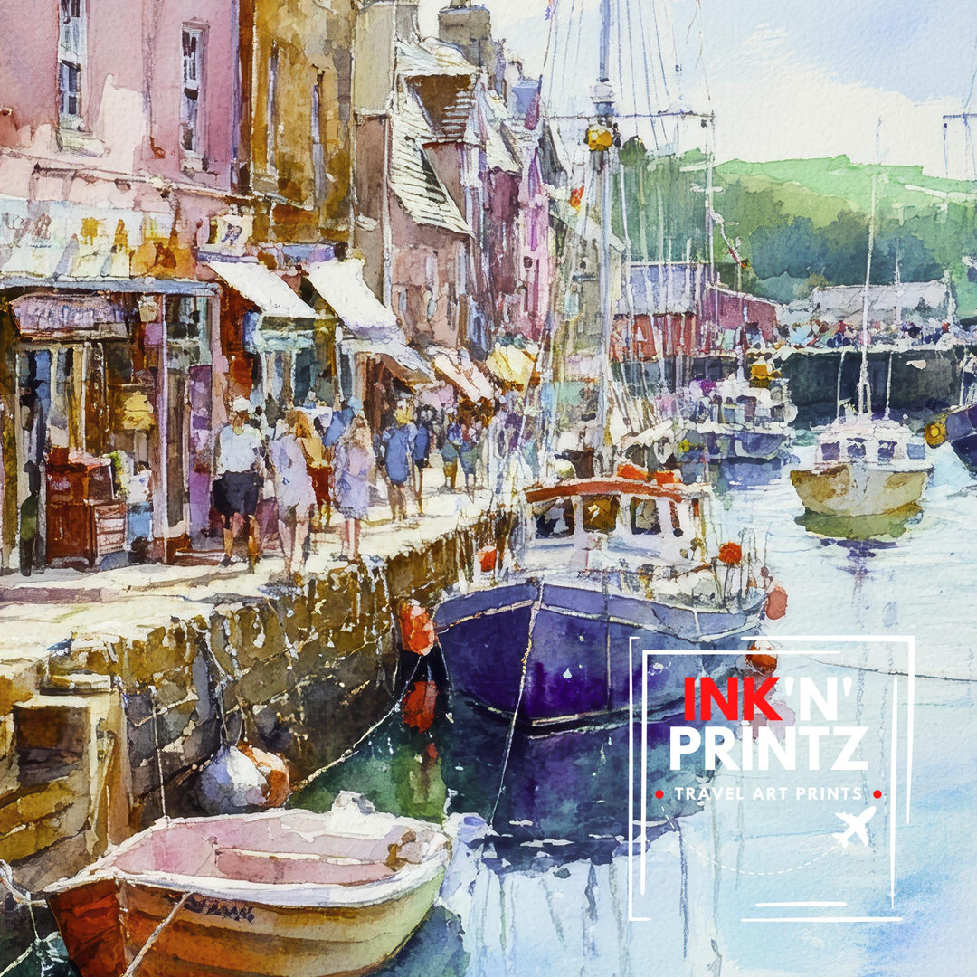 Padstow Harbour Watercolour Painting Cornwall Coastal Wall Art Print Colourful Fishing Boats Seaside Village UK Travel Poster Kitchen Decor