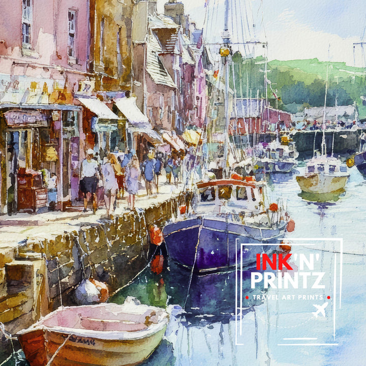 Padstow Harbour Watercolour Painting Cornwall Coastal Wall Art Print Colourful Fishing Boats Seaside Village UK Travel Poster Kitchen Decor