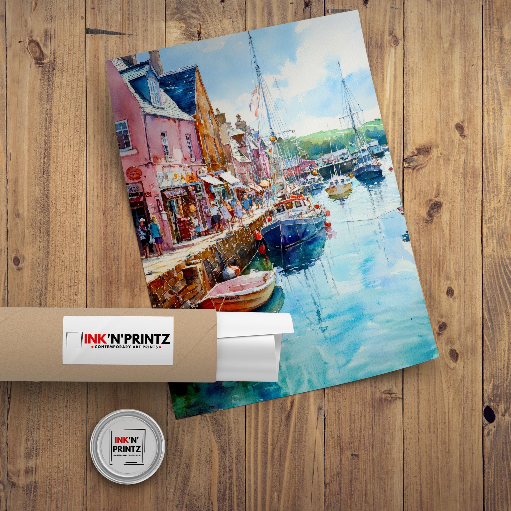 Padstow Harbour Watercolour Painting Cornwall Coastal Wall Art Print Colourful Fishing Boats Seaside Village UK Travel Poster Kitchen Decor