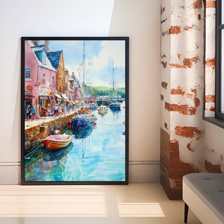 Padstow Harbour Watercolour Painting Cornwall Coastal Wall Art Print Colourful Fishing Boats Seaside Village UK Travel Poster Kitchen Decor