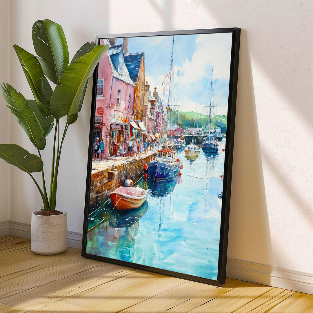 Padstow Harbour Watercolour Painting Cornwall Coastal Wall Art Print Colourful Fishing Boats Seaside Village UK Travel Poster Kitchen Decor