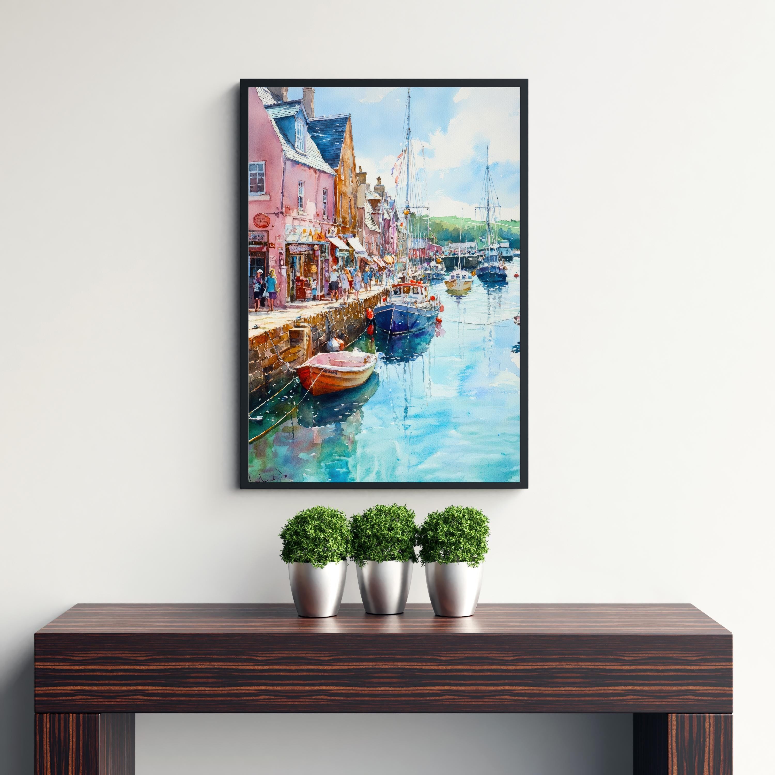 Padstow Harbour Watercolour Painting Cornwall Coastal Wall Art Print Colourful Fishing Boats Seaside Village UK Travel Poster Kitchen Decor