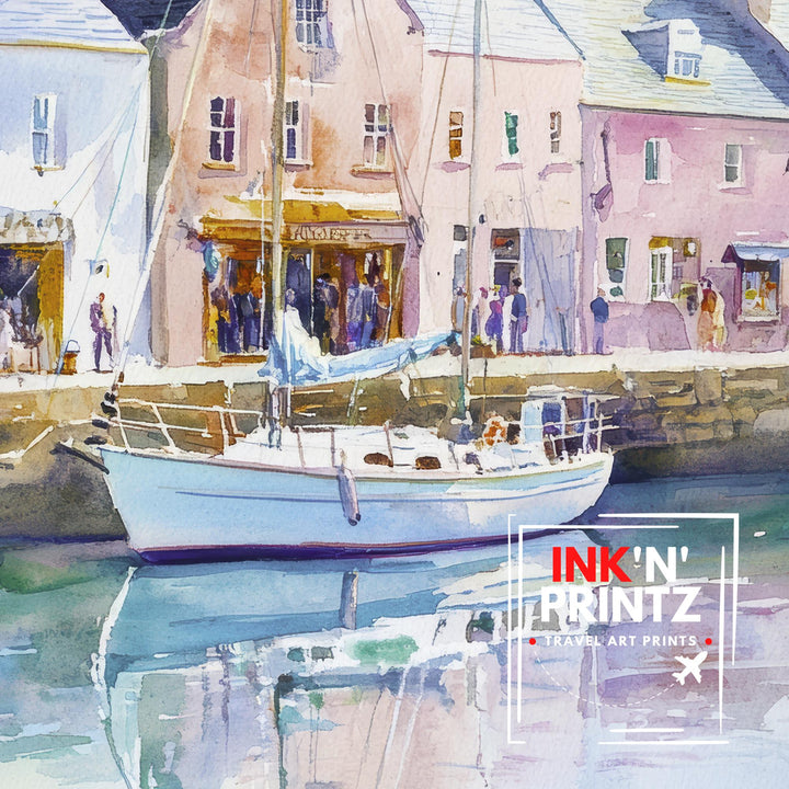 Padstow Harbour Watercolour Painting Cornwall Coastal Wall Art Print Colourful Fishing Boats Seaside Village UK Travel Poster Kitchen Decor