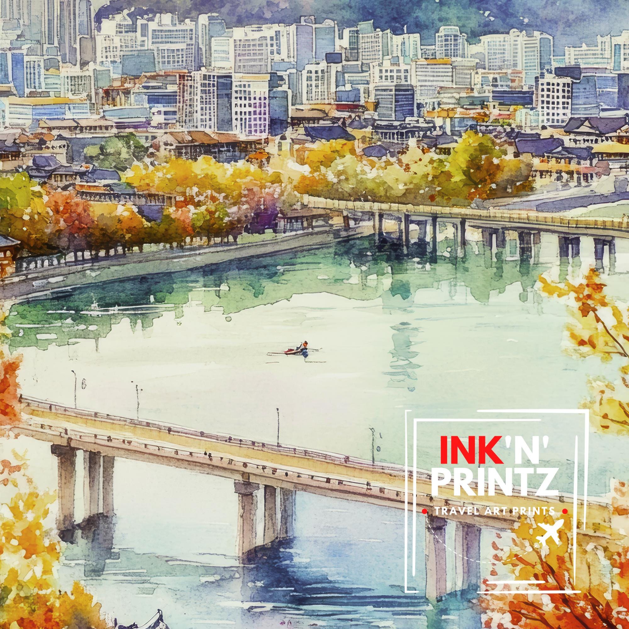 South Korea Watercolour Art Print South Korea Travel Poster Gyeongbokgung Palace Hanok Village Modern Skyline K-Culture Wall Decor Gift