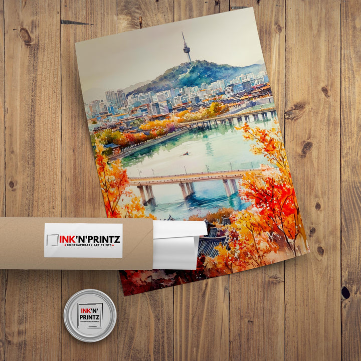 South Korea Watercolour Art Print South Korea Travel Poster Gyeongbokgung Palace Hanok Village Modern Skyline K-Culture Wall Decor Gift