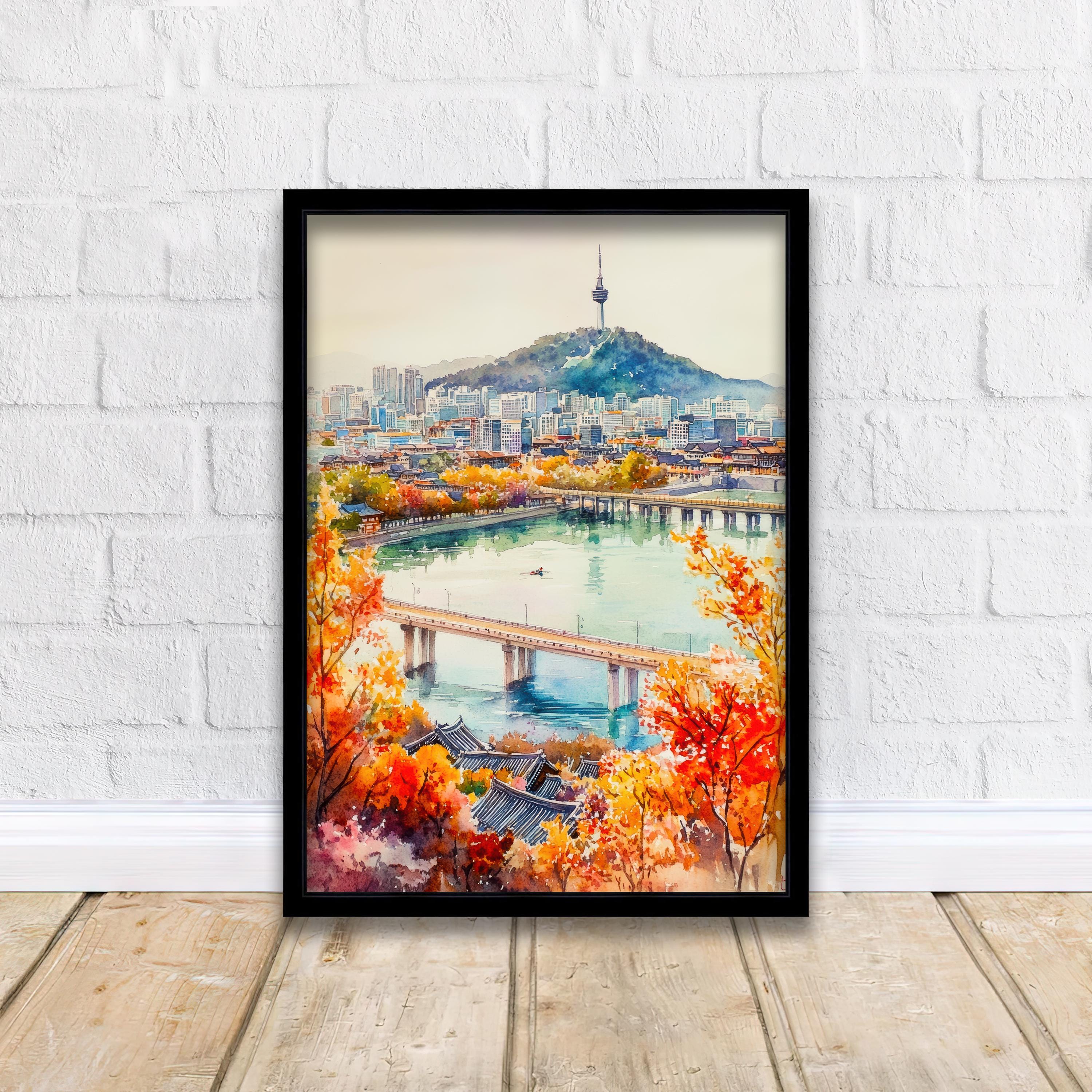 South Korea Watercolour Art Print South Korea Travel Poster Gyeongbokgung Palace Hanok Village Modern Skyline K-Culture Wall Decor Gift
