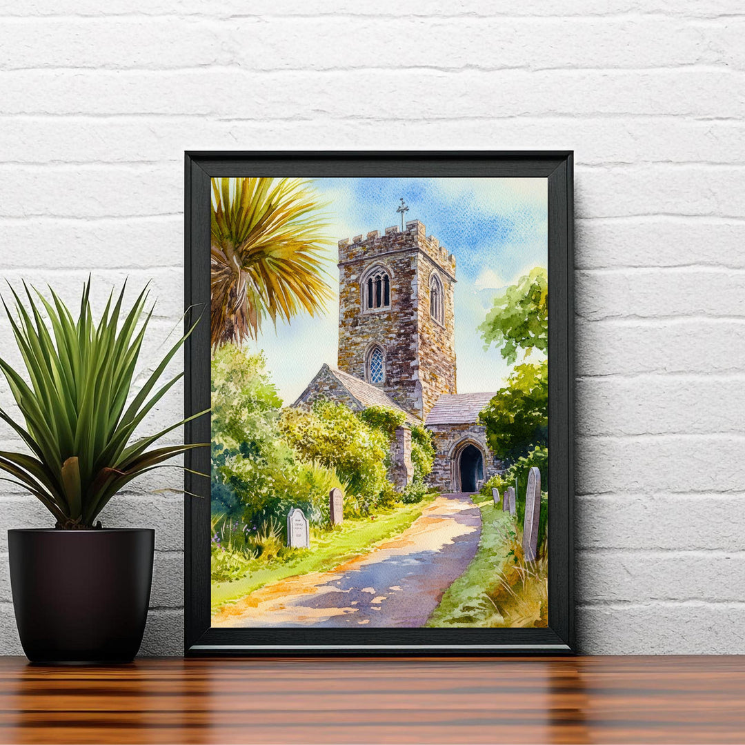St Enodoc Church Cornwall Watercolour Print John Betjeman Grave Daymer Bay North Cornwall Coastal Art Crooked Spire Sand Dunes Gift