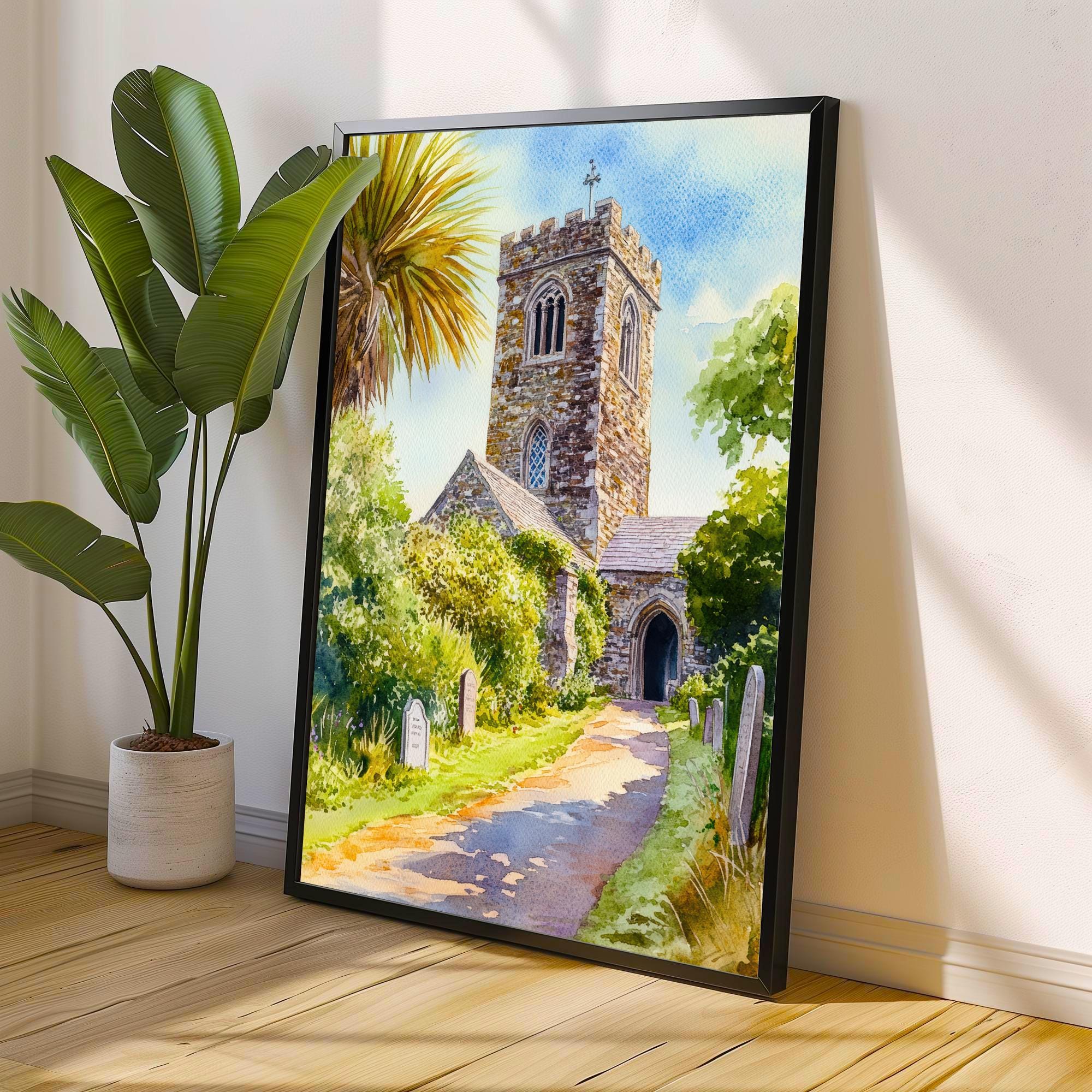 St Enodoc Church Cornwall Watercolour Print John Betjeman Grave Daymer Bay North Cornwall Coastal Art Crooked Spire Sand Dunes Gift