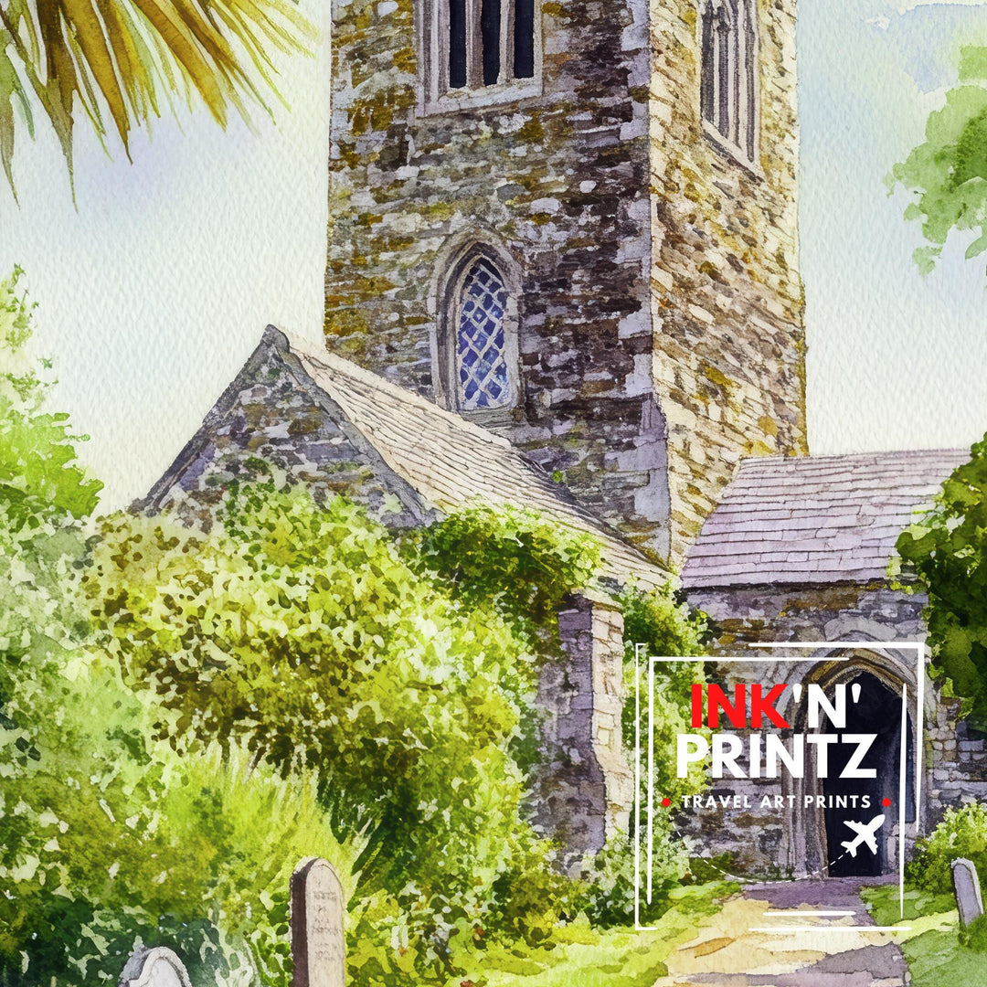 St Enodoc Church Cornwall Watercolour Print John Betjeman Grave Daymer Bay North Cornwall Coastal Art Crooked Spire Sand Dunes Gift
