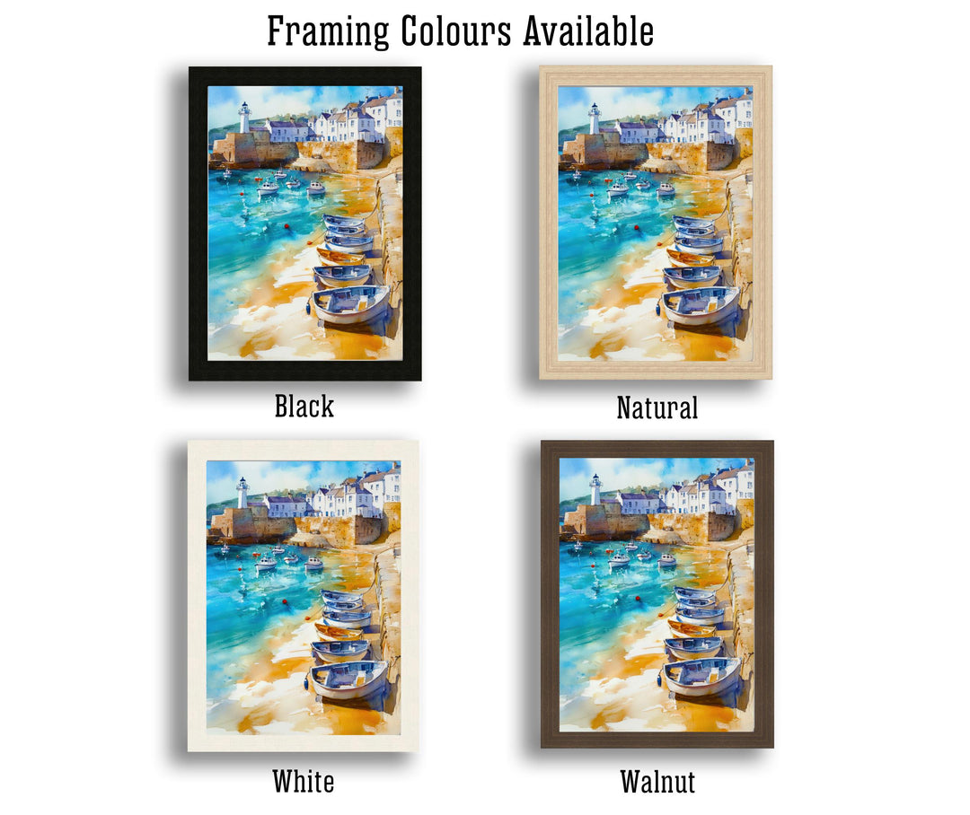 St Ives Harbour Watercolour Painting Cornwall Coastal Art Print Golden Sands Turquoise Sea Fishing Boats Lighthouse UK Travel Poster