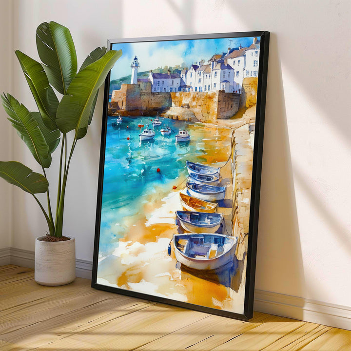 St Ives Harbour Watercolour Painting Cornwall Coastal Art Print Golden Sands Turquoise Sea Fishing Boats Lighthouse UK Travel Poster
