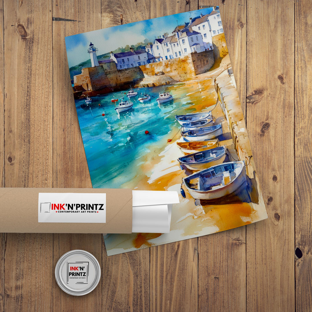 St Ives Harbour Watercolour Painting Cornwall Coastal Art Print Golden Sands Turquoise Sea Fishing Boats Lighthouse UK Travel Poster