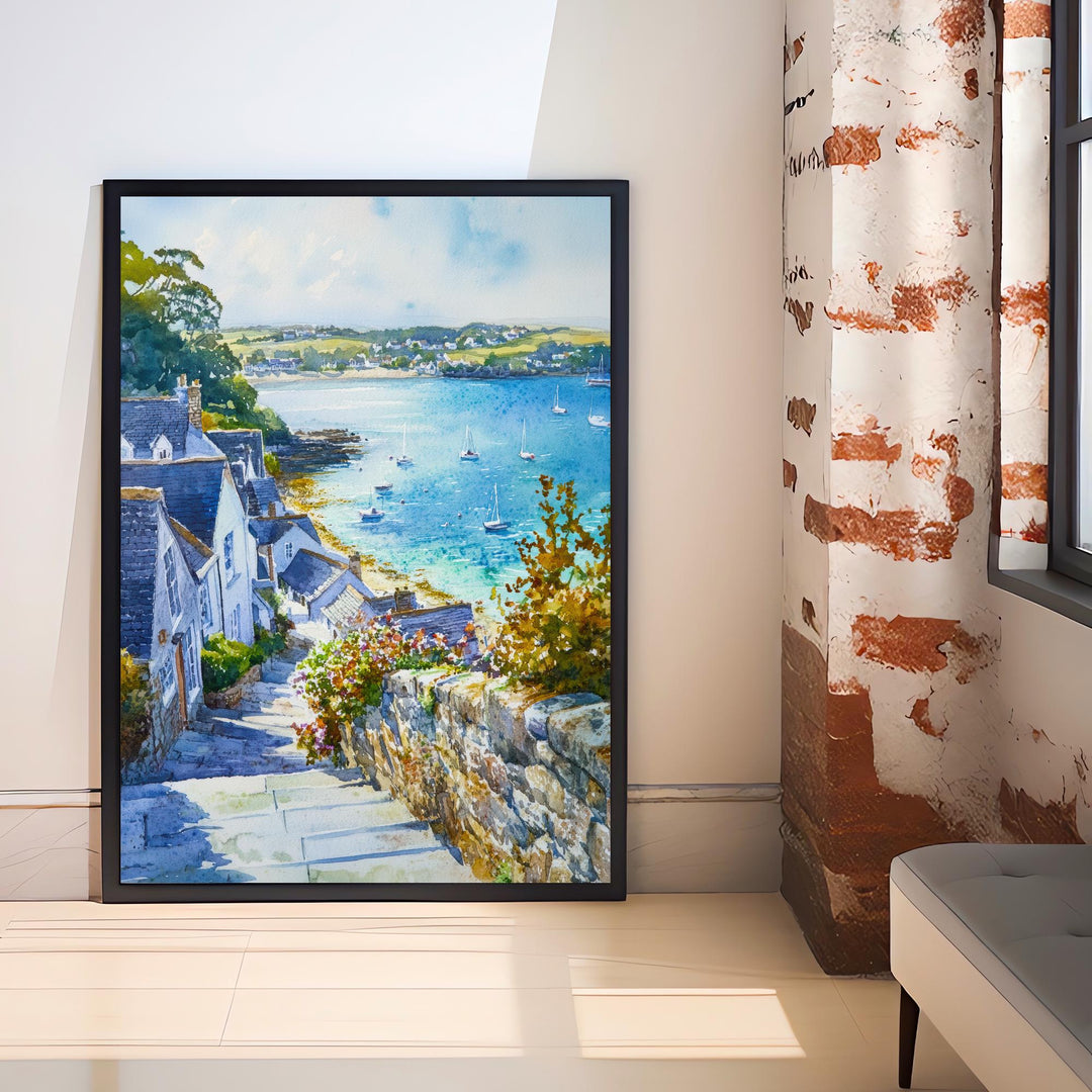 St Mawes Watercolour Poster Print Cornwall Coastal Art Roseland Peninsula Village Fal River Boats Seaside Home Decor Wall Art Gift