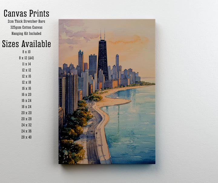 Chicago Skyline Watercolor Art Print, Cityscape Painting, Illinois Travel Decor, Architecture Lover Gift