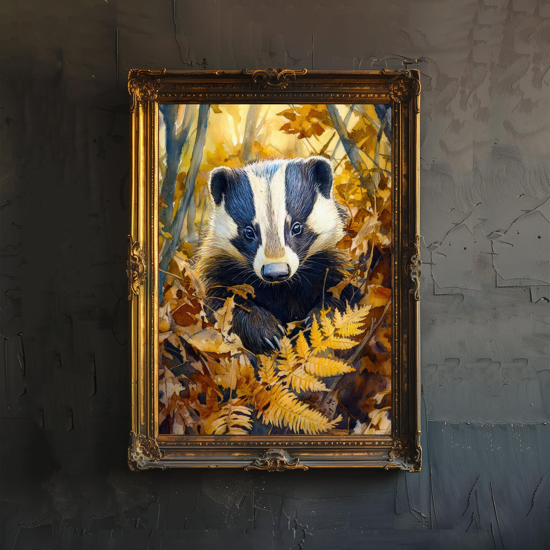 Badger Watercolor Print Cottagecore Decor Rustic Wildlife Illustration Enchanted Forest Wall Art