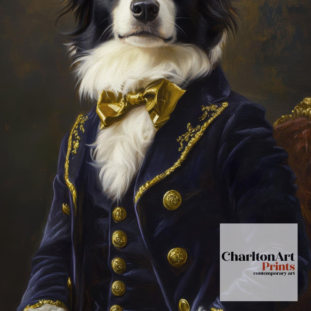 Regal Border Collie Portrait Print Victorian Pet Art Funny Dog Wall Art Dark Academia Decor