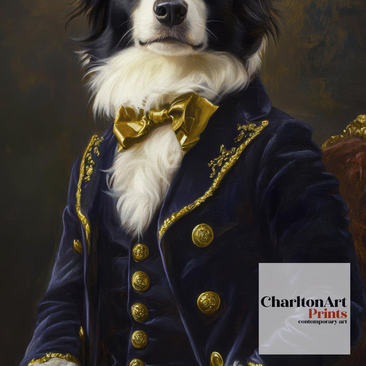 Regal Border Collie Portrait Print Victorian Pet Art Funny Dog Wall Art Dark Academia Decor