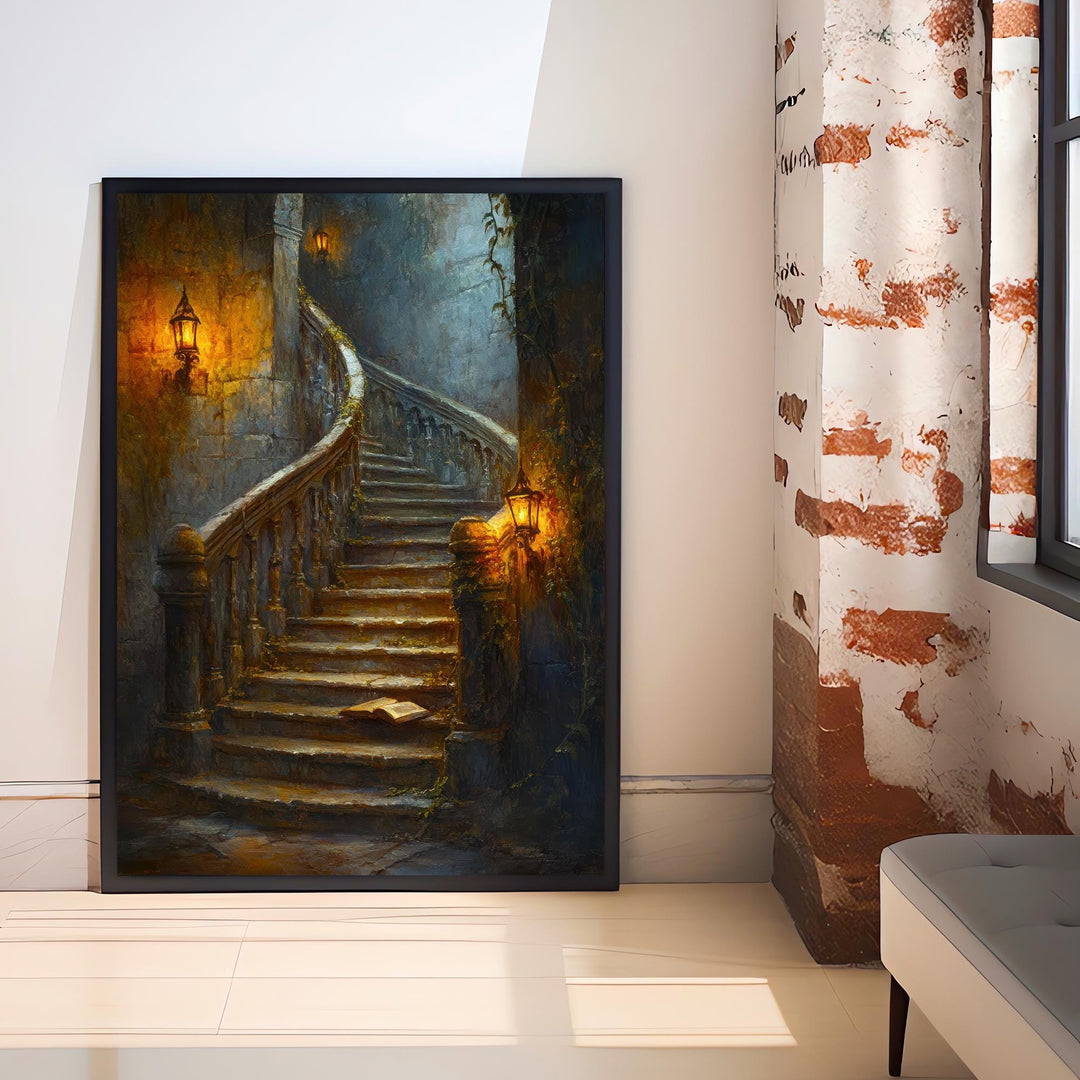 Candlelit Staircase Dark Academia Print Gothic Home Decor Moody Wall Art Enchanted Study Illustration