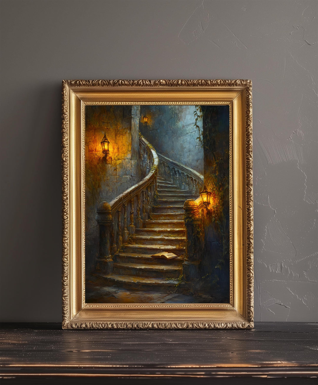 Candlelit Staircase Dark Academia Print Gothic Home Decor Moody Wall Art Enchanted Study Illustration
