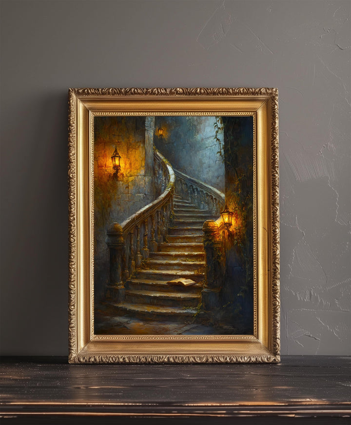 Candlelit Staircase Dark Academia Print Gothic Home Decor Moody Wall Art Enchanted Study Illustration