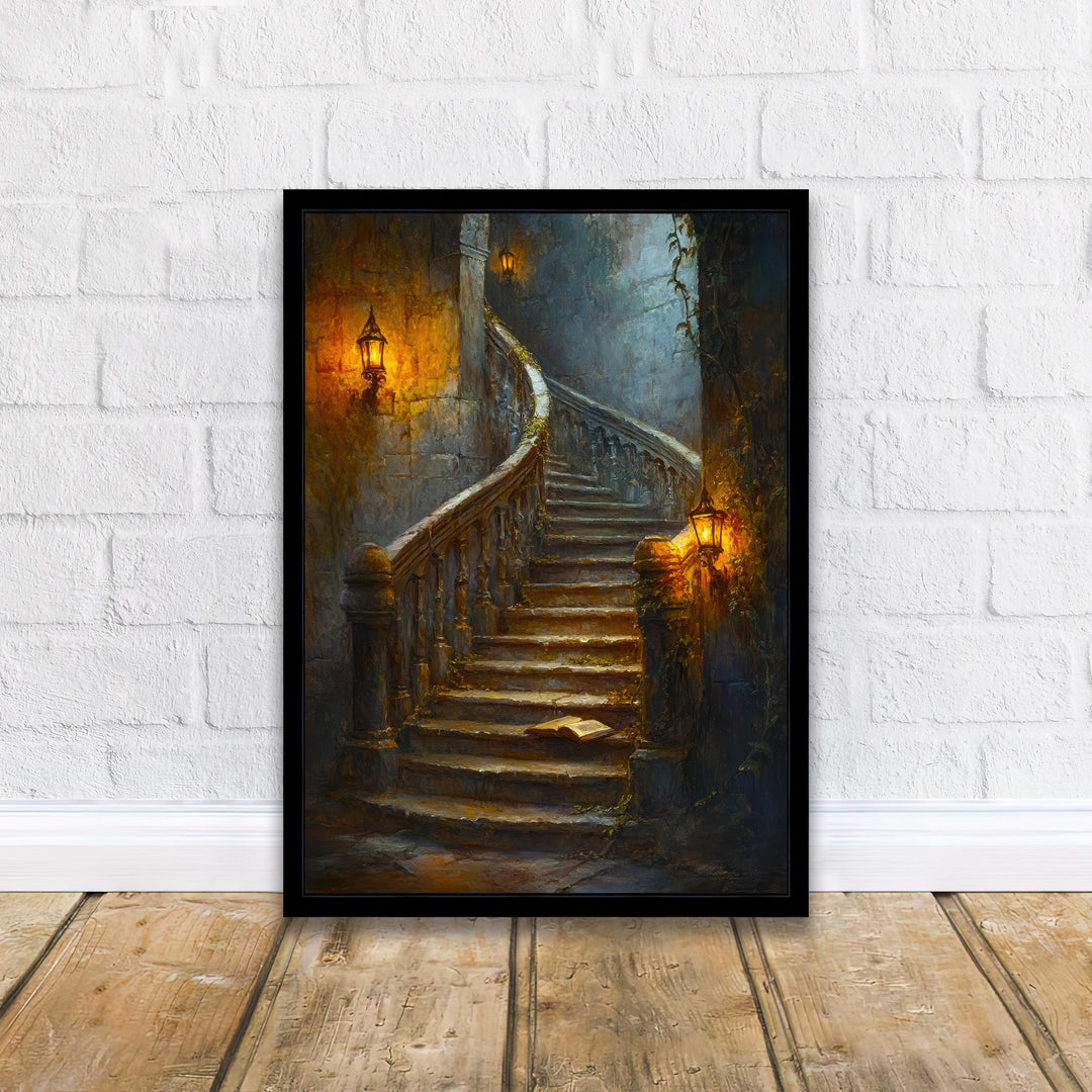 Candlelit Staircase Dark Academia Print Gothic Home Decor Moody Wall Art Enchanted Study Illustration