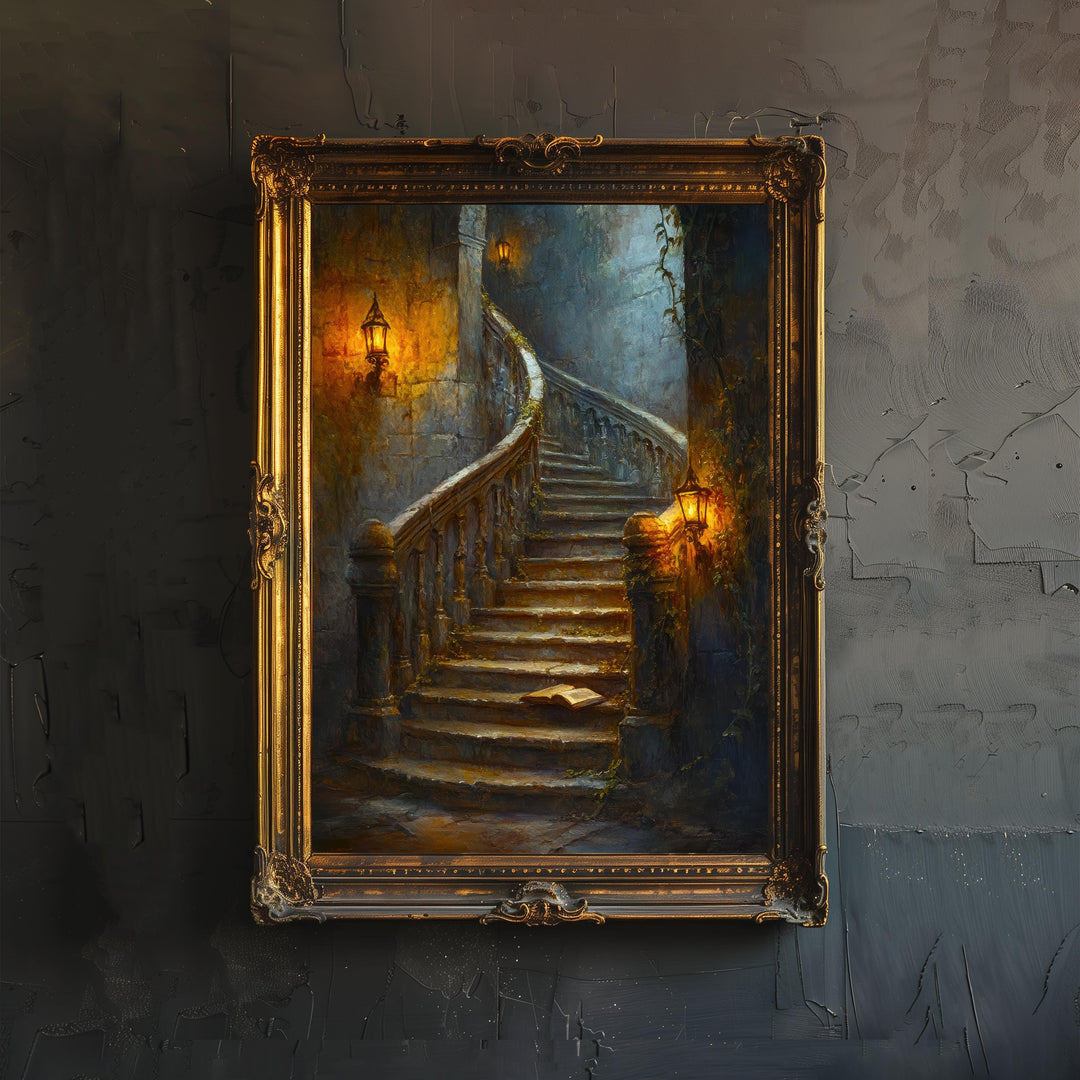 Candlelit Staircase Dark Academia Print Gothic Home Decor Moody Wall Art Enchanted Study Illustration