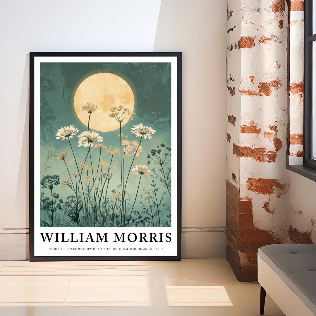 William Morris Moon Rise Over Meadow of Daisies Poster Cottagecore Decor Dark Academia Art Vintage Botanical Illustration Rustic Nature Wall