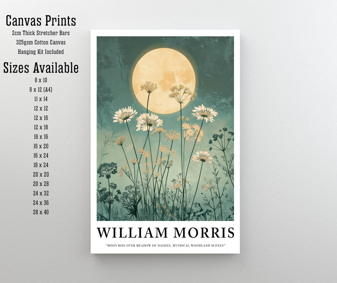 William Morris Moon Rise Over Meadow of Daisies Poster Cottagecore Decor Dark Academia Art Vintage Botanical Illustration Rustic Nature Wall