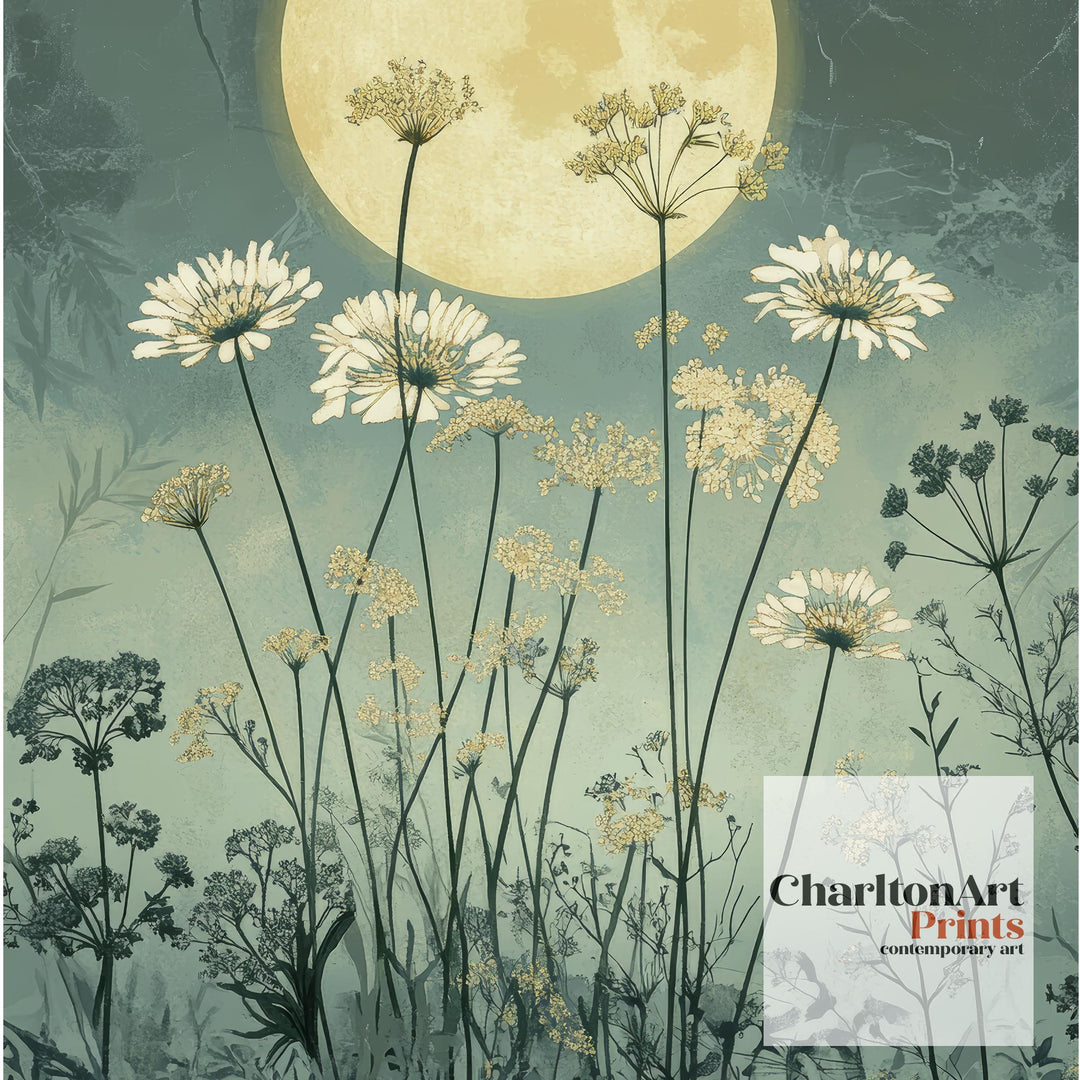 William Morris Moon Rise Over Meadow of Daisies Poster Cottagecore Decor Dark Academia Art Vintage Botanical Illustration Rustic Nature Wall