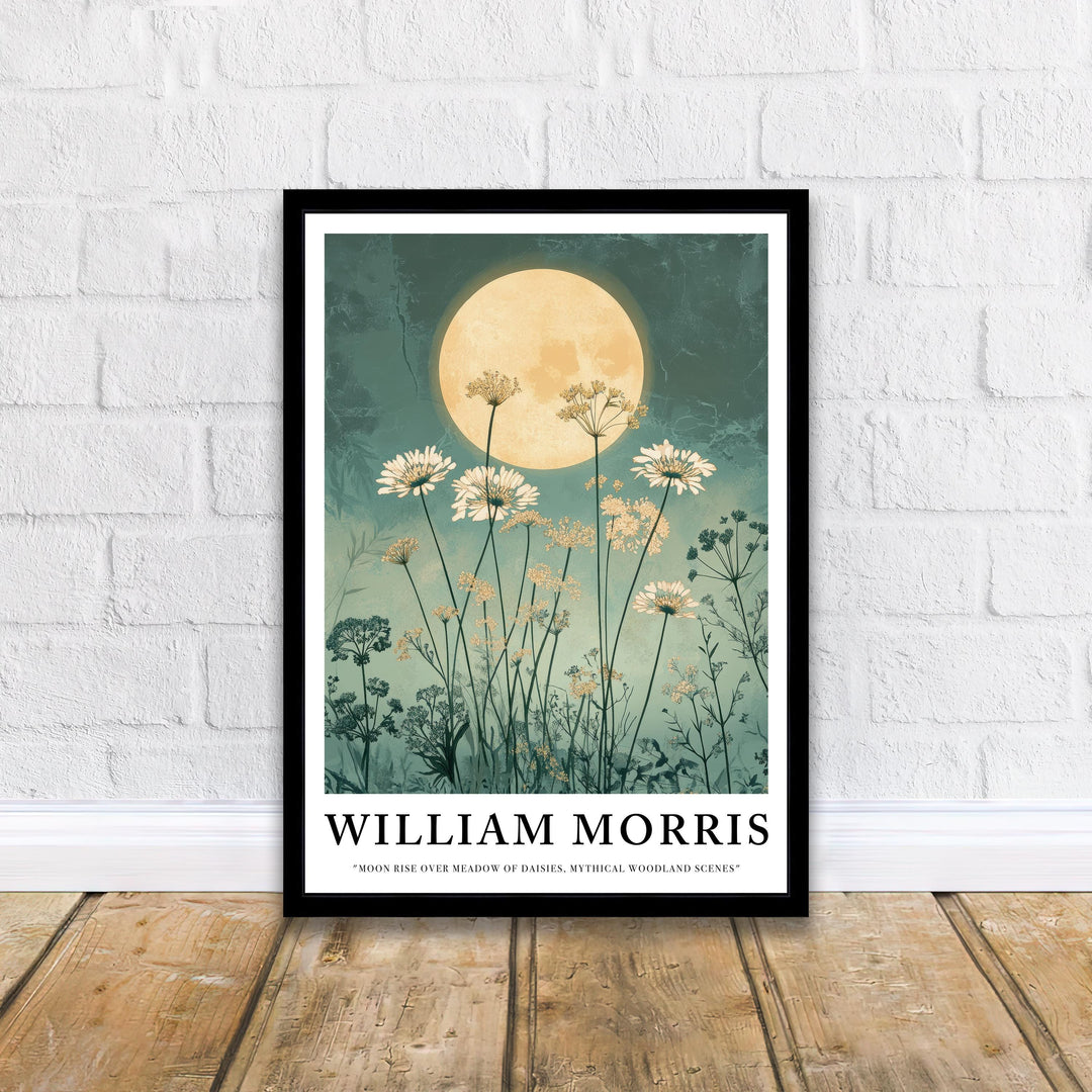William Morris Moon Rise Over Meadow of Daisies Poster Cottagecore Decor Dark Academia Art Vintage Botanical Illustration Rustic Nature Wall