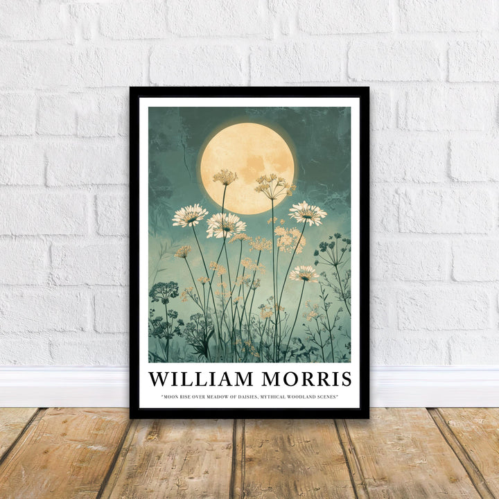 William Morris Moon Rise Over Meadow of Daisies Poster Cottagecore Decor Dark Academia Art Vintage Botanical Illustration Rustic Nature Wall