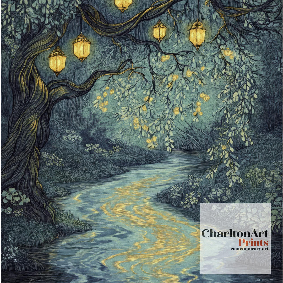 William Morris Lantern River Poster Fairycore Cottagecore Decor Dark Academia Art Vintage Enchanted Illustration Rustic Nature Wall Art