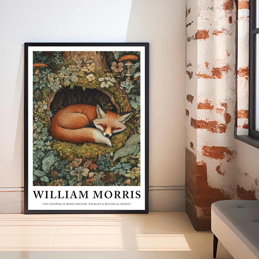 William Morris Fox Sleeping in Mossy Hollow Poster Cottagecore Decor Dark Academia Art Vintage Woodland Illustration Rustic Nature Wall Art