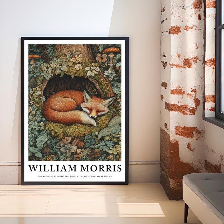 William Morris Fox Sleeping in Mossy Hollow Poster Cottagecore Decor Dark Academia Art Vintage Woodland Illustration Rustic Nature Wall Art