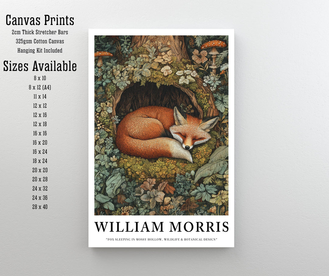 William Morris Fox Sleeping in Mossy Hollow Poster Cottagecore Decor Dark Academia Art Vintage Woodland Illustration Rustic Nature Wall Art