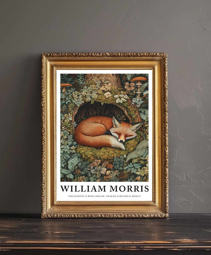 William Morris Fox Sleeping in Mossy Hollow Poster Cottagecore Decor Dark Academia Art Vintage Woodland Illustration Rustic Nature Wall Art