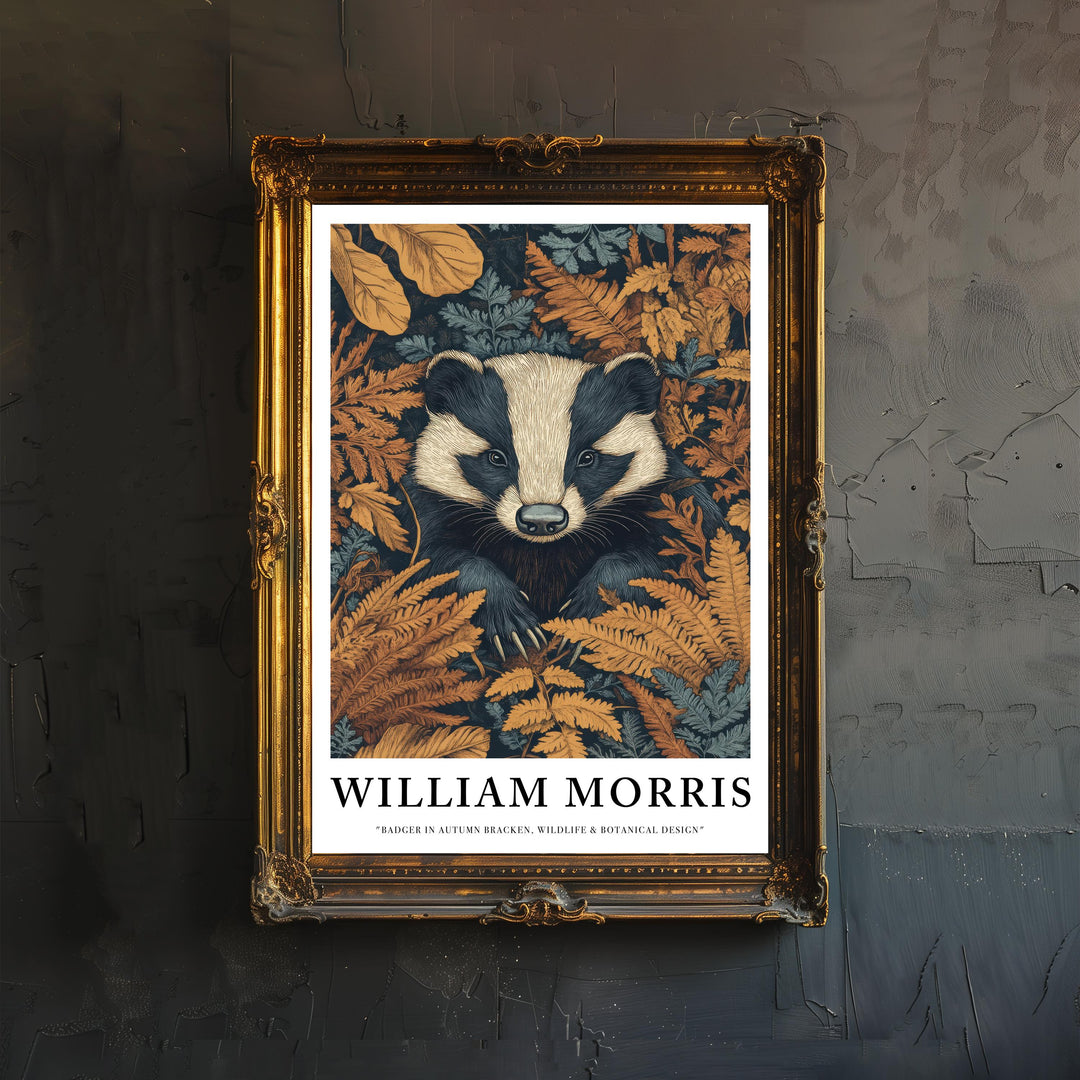 Badger in Autumn Ferns Poster Cottagecore Decor Dark Academia Art Vintage Wildlife Illustration Rustic Nature Wall Art Poster Print