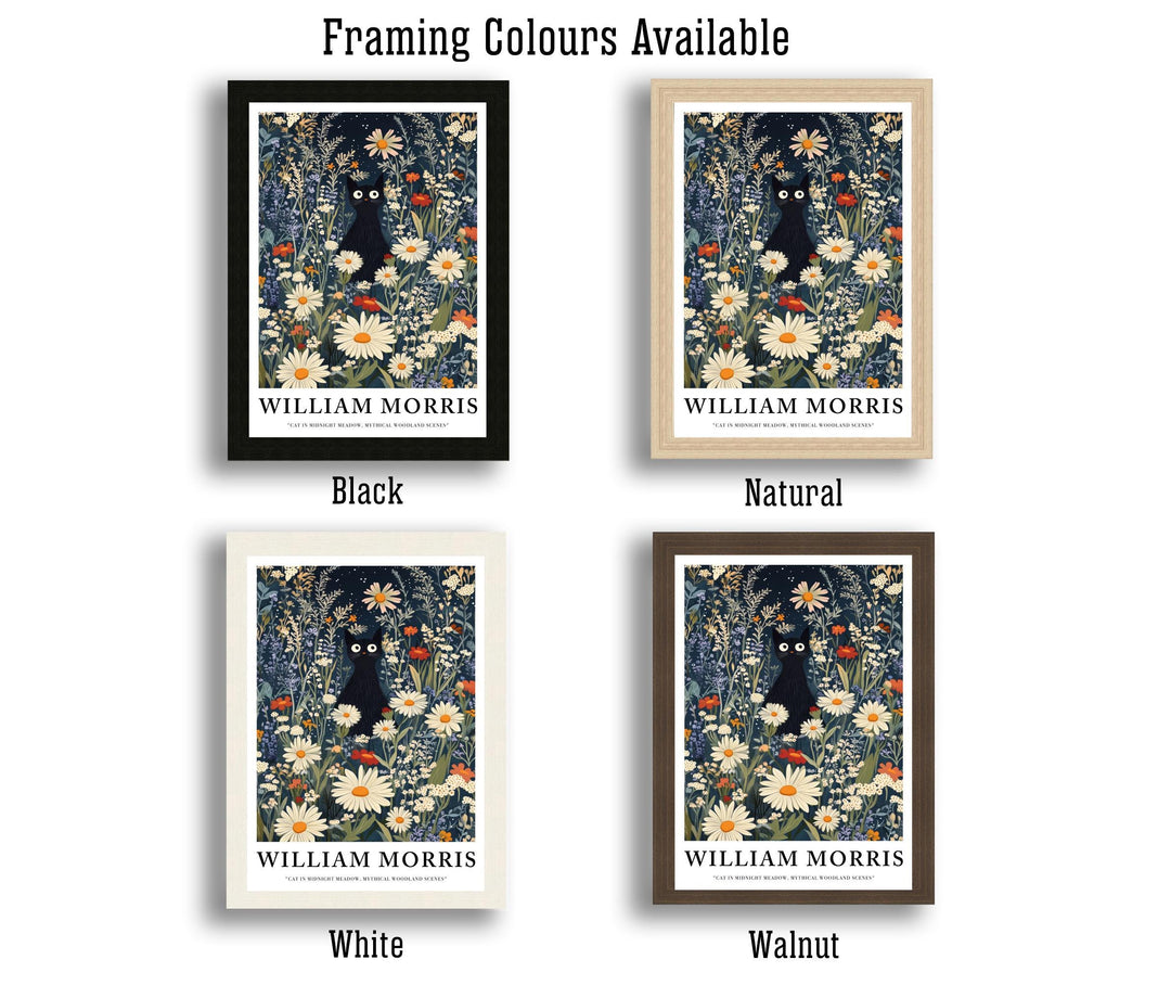 William Morris Cat in Midnight Meadow Poster Cottagecore Decor Dark Academia Art Vintage Botanical Illustration Rustic Nature Wall Art