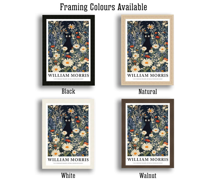 William Morris Cat in Midnight Meadow Poster Cottagecore Decor Dark Academia Art Vintage Botanical Illustration Rustic Nature Wall Art