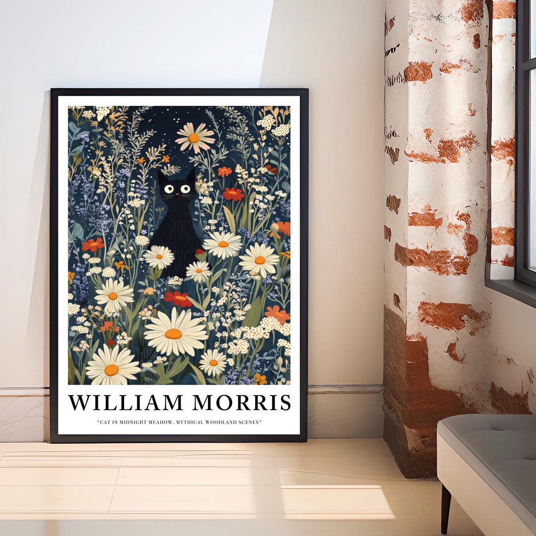 William Morris Cat in Midnight Meadow Poster Cottagecore Decor Dark Academia Art Vintage Botanical Illustration Rustic Nature Wall Art