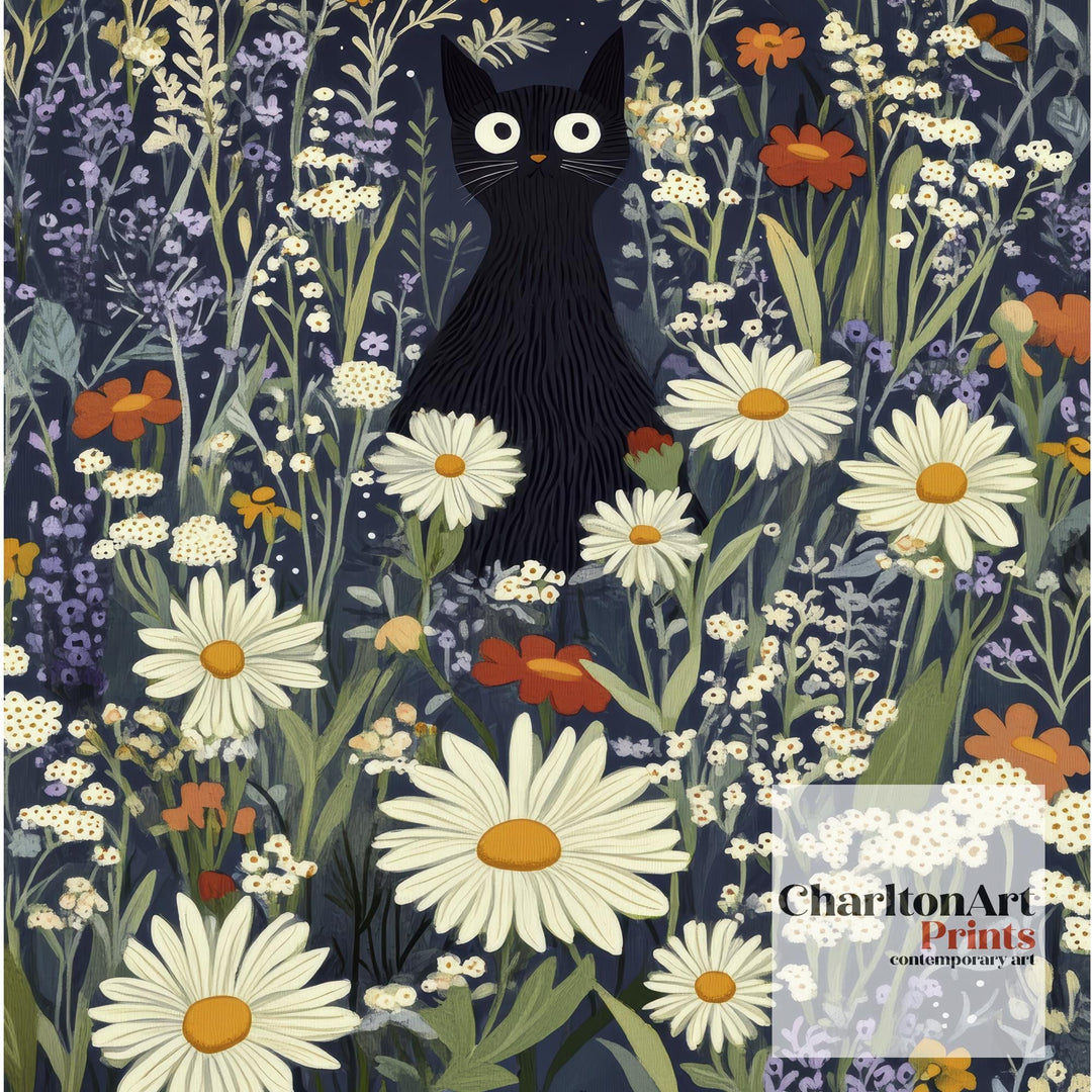 William Morris Cat in Midnight Meadow Poster Cottagecore Decor Dark Academia Art Vintage Botanical Illustration Rustic Nature Wall Art