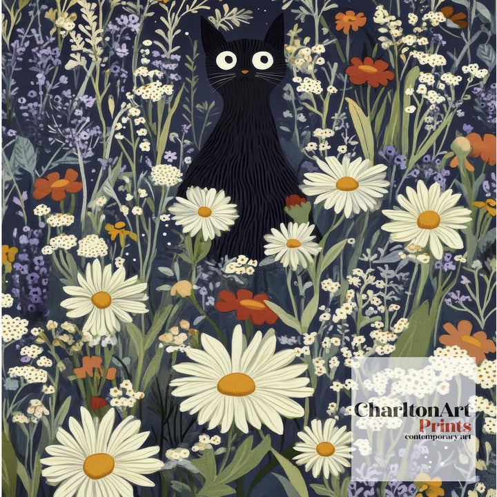 William Morris Cat in Midnight Meadow Poster Cottagecore Decor Dark Academia Art Vintage Botanical Illustration Rustic Nature Wall Art